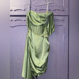 One-Shoulder Satin Draped Dress in Sage Green